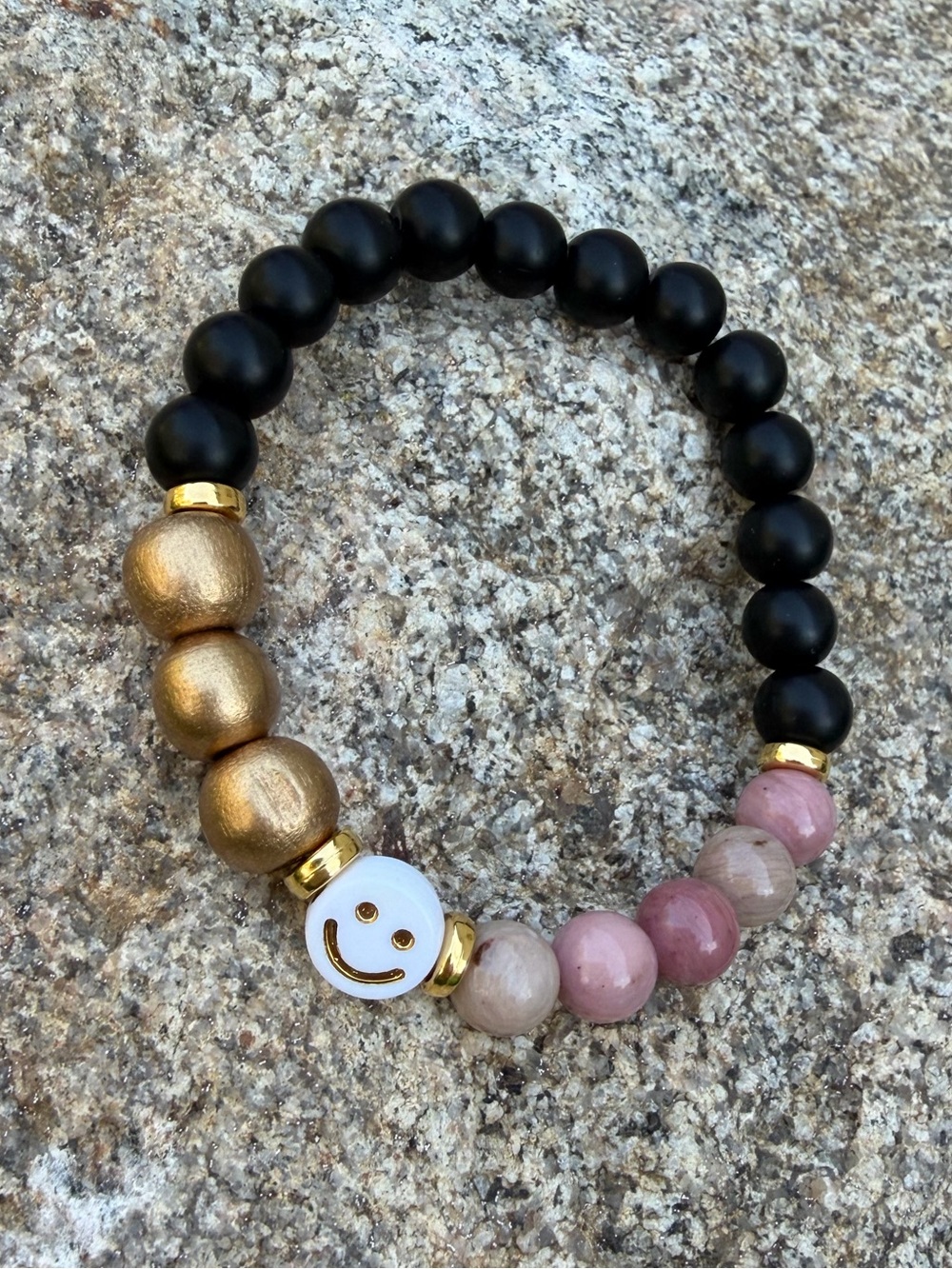 {Handmade} Smiley Face Bracelet in Black, Gold & Pink